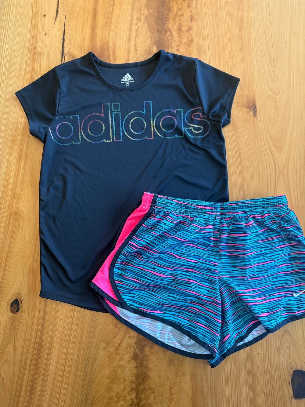 Girls Adidas Shirt Nike Atheltic Running Shorts set outfit L 14 Pink blue black